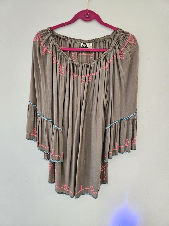 Lagaci Tops - Boho Embroidered Taupe Peasant Top with Pink & Blue Trim and Beading